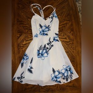 lacy up A line dress with blue flowers